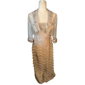 Alex Evenings Layered Tiered Beaded Long Gown with Matching Sheer Jacket Sz 8P